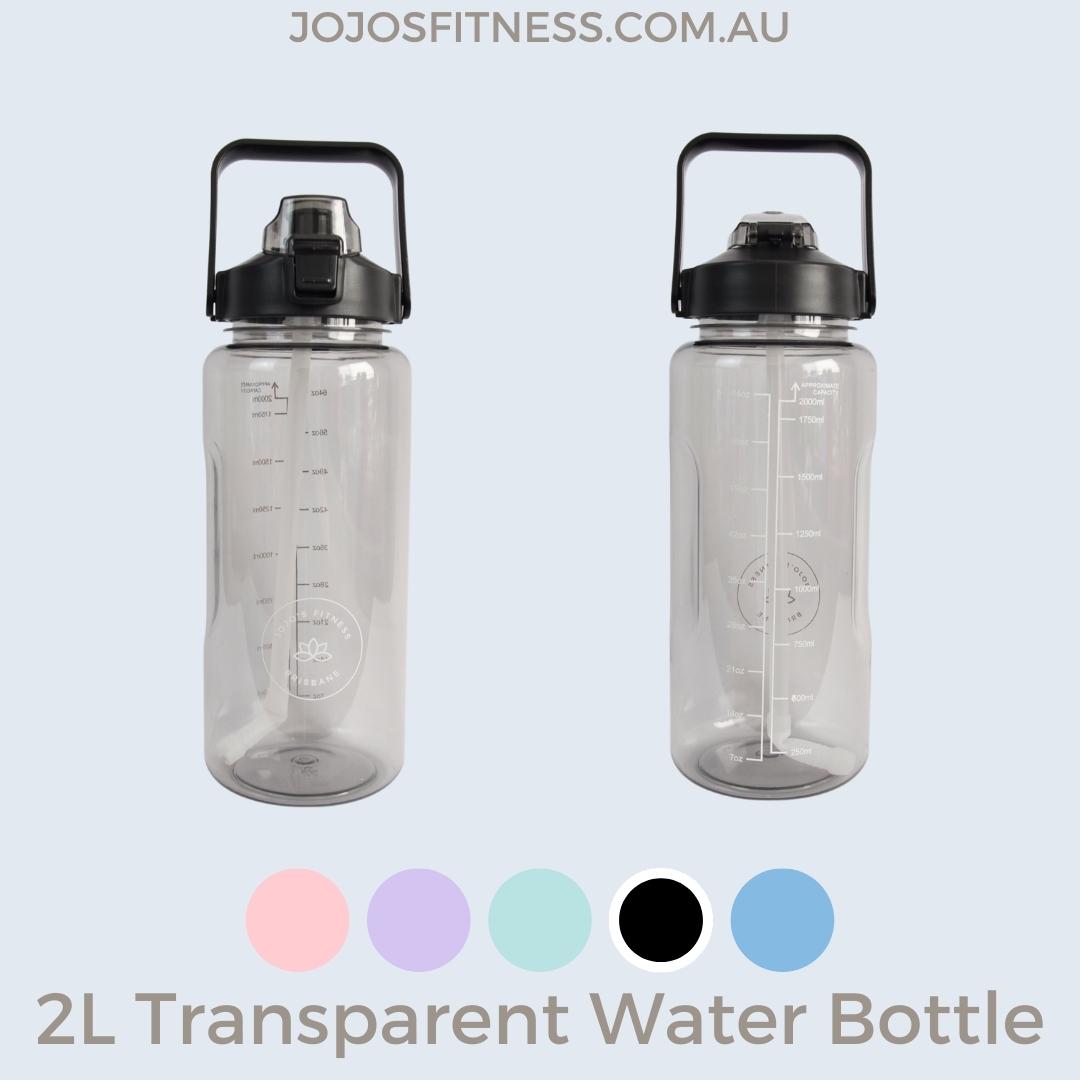 Black-coloured transparent 2-litre water bottles - sleek and stylish hydration solution - JoJo's Fitness