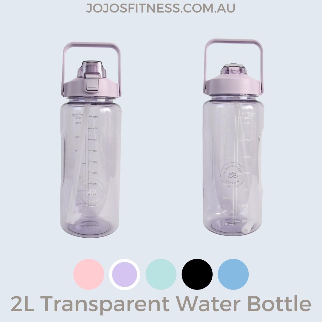 Purple-coloured transparent 2-litre water bottles - a unique and colourful hydration option - JoJo's Fitness